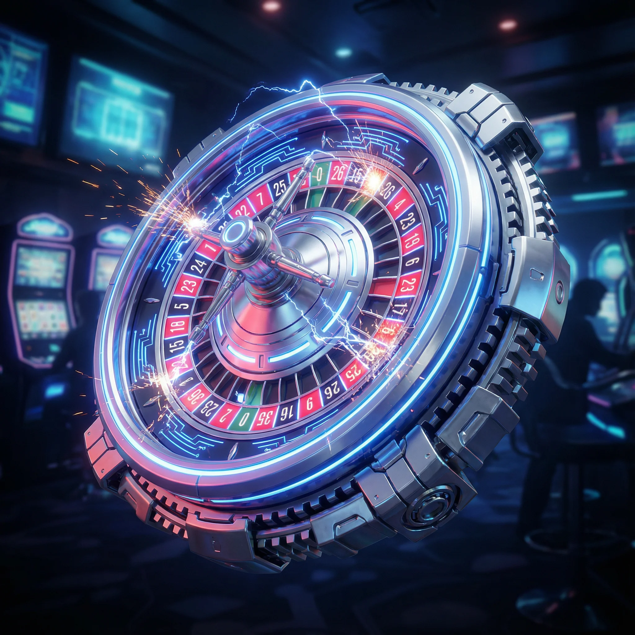 Ruleta de casino con diseño futurista y luces neón